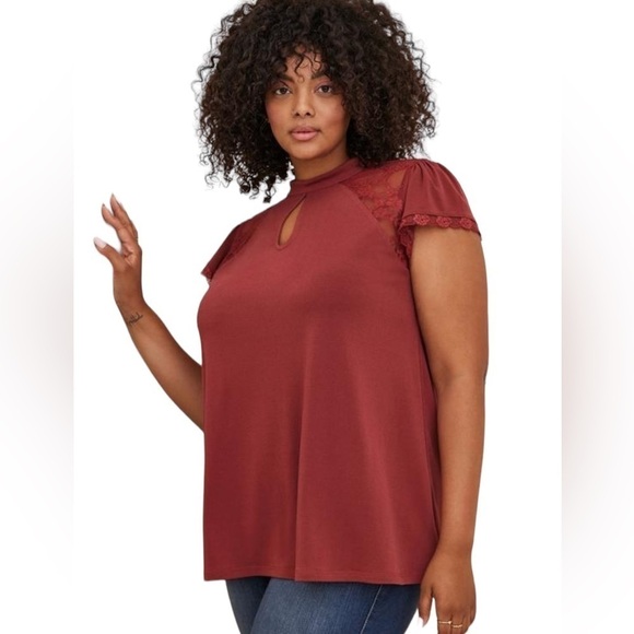 torrid Tops - Torrid Studio Crepe Jersey Mock Neck Lace Pieced Keyhole Top